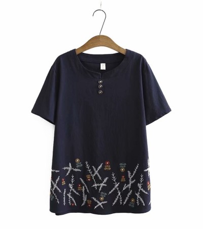 Plus Size White Red Women's Flower Embroidered Shirt Short Sleeve Summer Shirts Vintage Tops