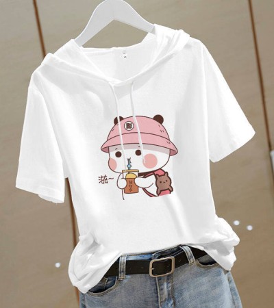 Korean Blouse Women Printing Ladies T Shirt Loose Short Sleeve Casual Top Women Shirt Fashion Blouse for Woman Summer Women's White Blouse Short-sleeved Hoodie Blouse