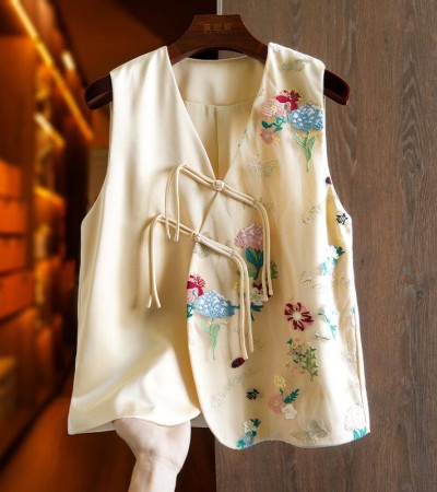 Joso Apricot Pink Senior Sense of Summer Chinese Vest Women Summer Suit Original Design Mesh Embroidery Country Tide Wind Plate Buckle Top