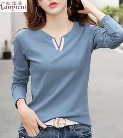 100%纯棉女式新款长袖T恤宽松V领韩式基本平底衫蓝色加大码上衣女式时尚休闲T恤免运费
