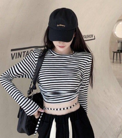 Striped T-shirt long sleeve color bump short style top